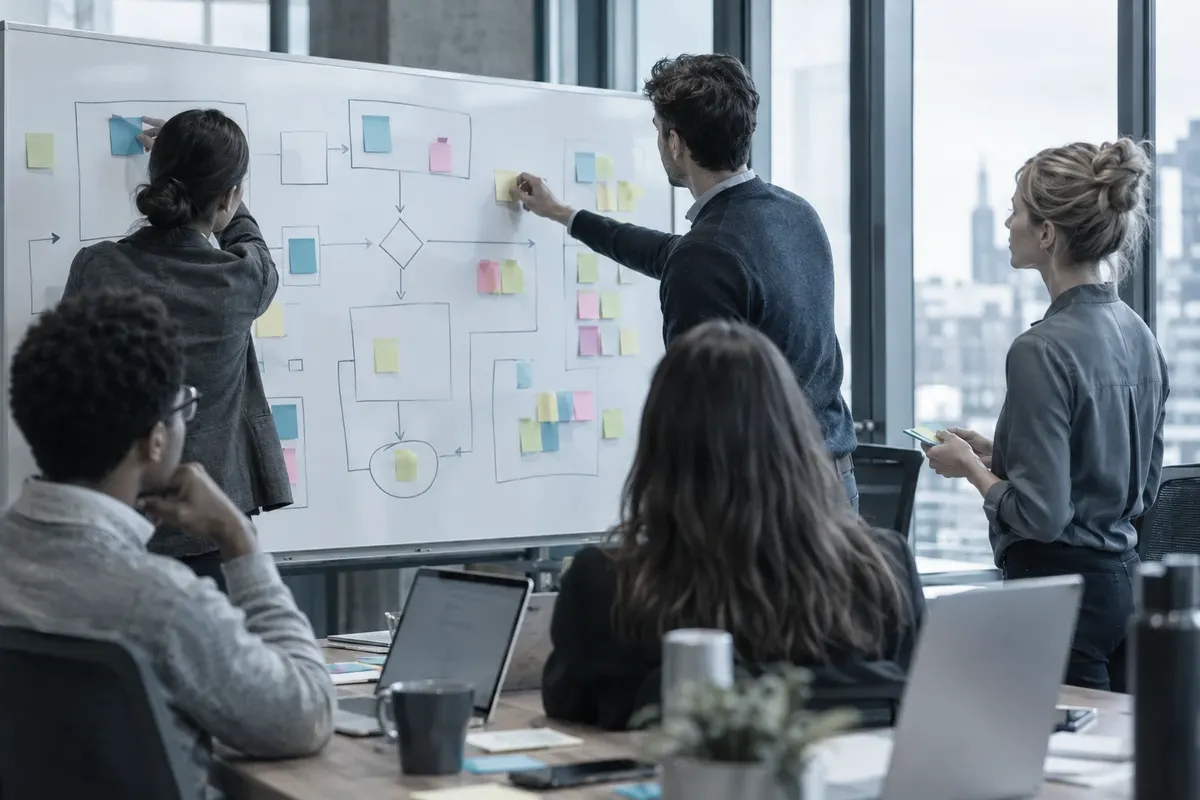 Leadership team mapping a process on a whiteboard
